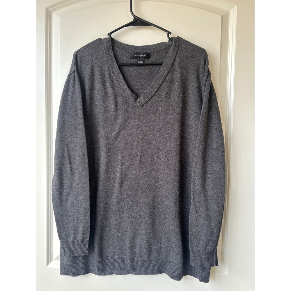 August Silk Womens Gray V-Neck Long Sleeve Knit Sweater Size L Charcoal Heather